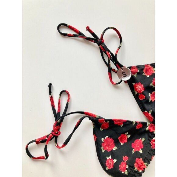 NWT FOREVER 21 Black Red Rose Floral Print Triangle Bikini Top, Size S - Picture 4 of 9